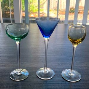 Set of 3 Colored Cordial Liqueur Stem Glasses Blue Green Amber Vintage Barware